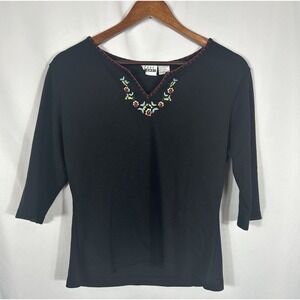 Womens‎ Vintage Mexican Floral Embroidered Knit Top Size L 90s Boho Crop Casual